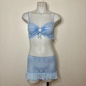 Vintage 90s Blue Lace Lingerie Two Piece Bra and Skirt Set Size XL Deadstock